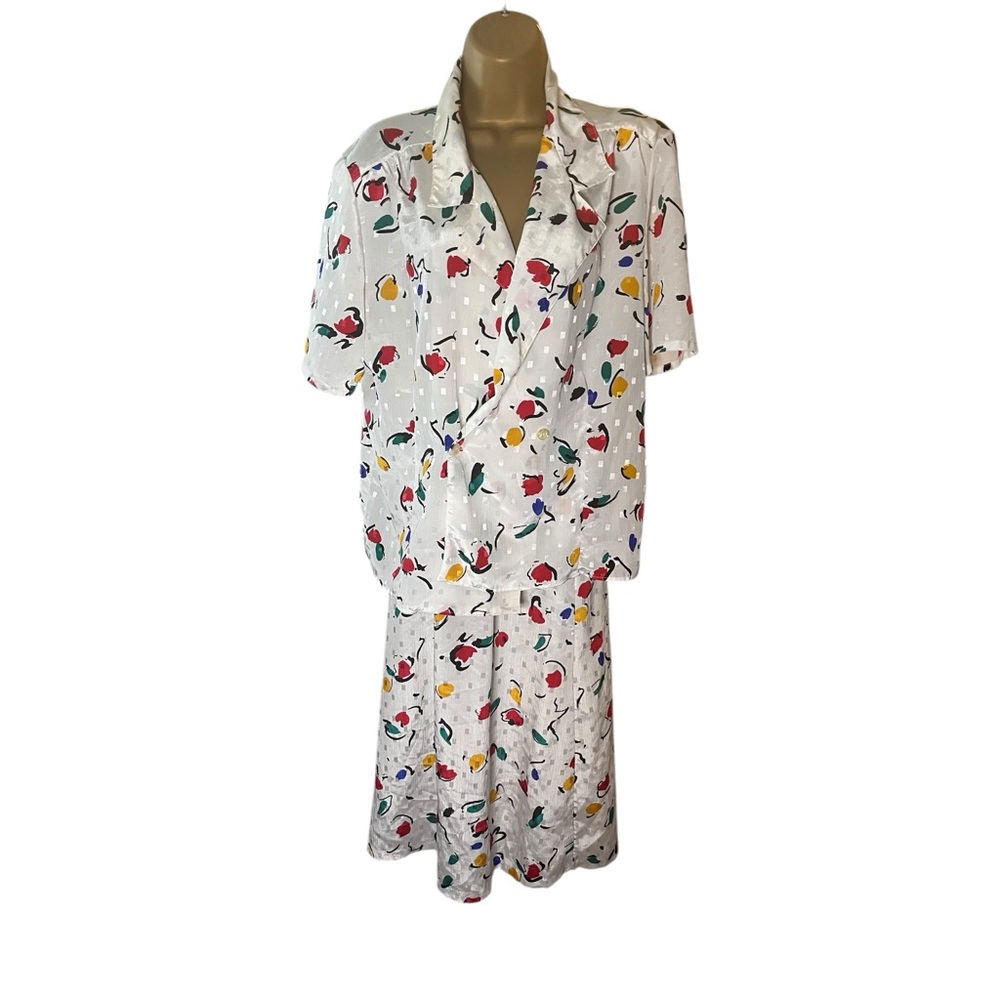 Vintage 80s Russ 2-Piece Button Front Top Skirt Set Crinkle White Combo 14